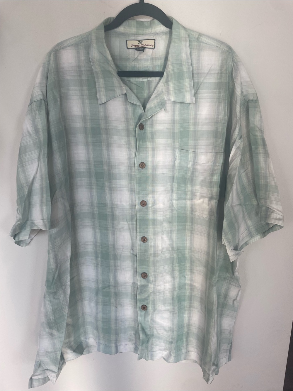 Tommy Bahama Mens Bottom up Shirt Green White 62%Tencel 38% Linen Size XXL